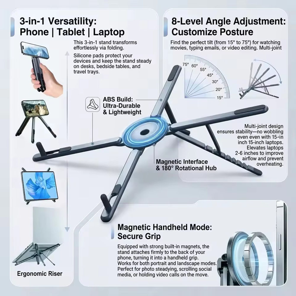 Home Office Laptop - Penyangga Ponsel Magnetik Portabel & Tongkat