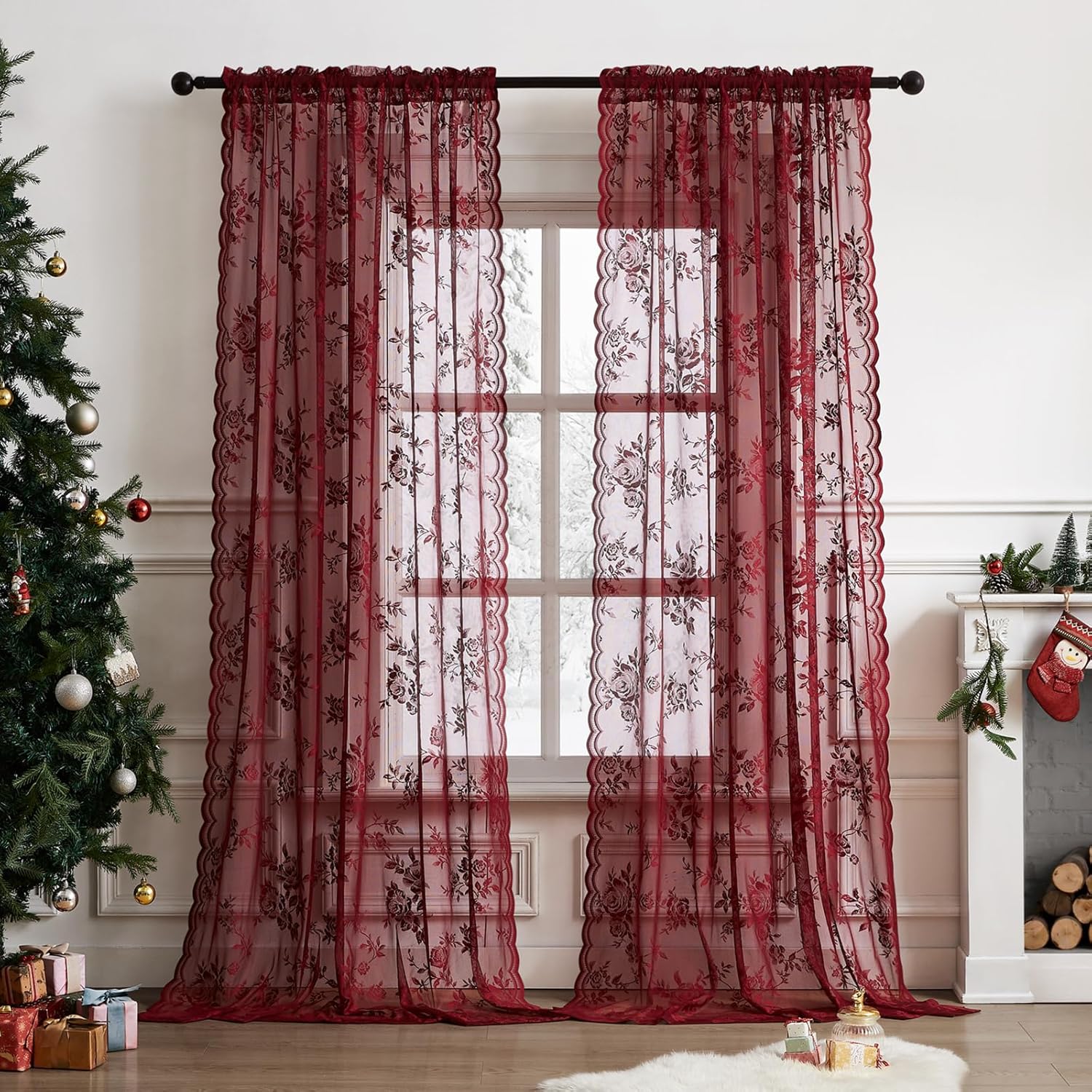 Home Office Setup - 1 buah tirai renda warna burgundy